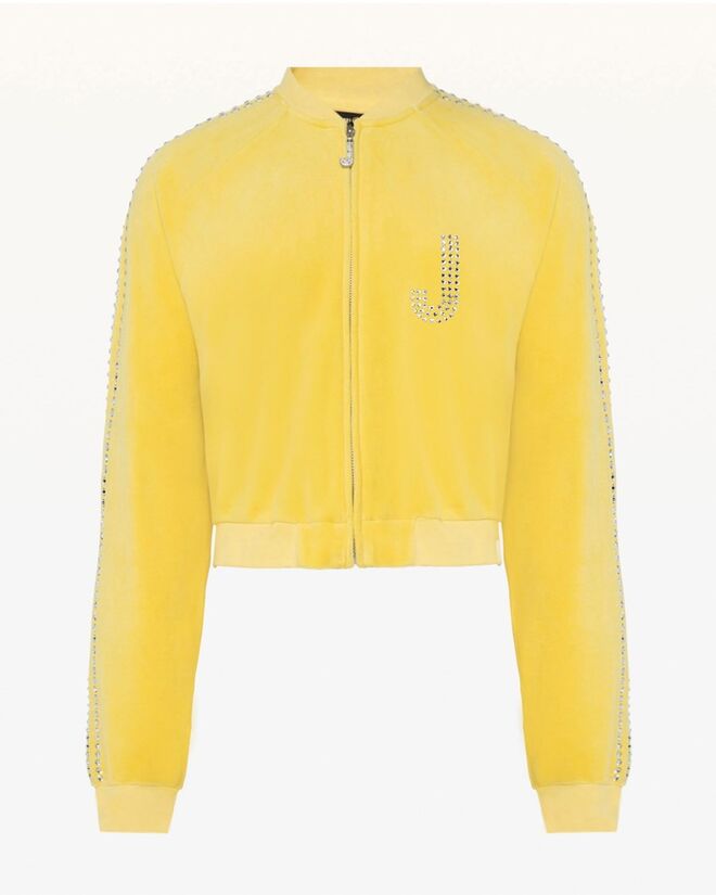 Swarovski Embellished Velour Crop Jacket no tom Bright Lemon, €775,66, Swarovski + Juicy Couture, em www.juicycouture.com 