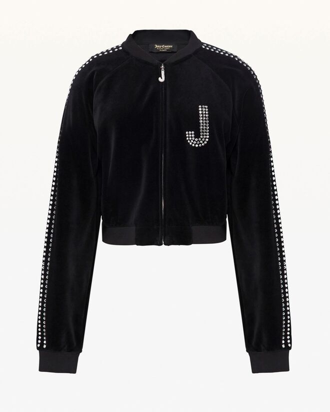 Swarovski Embellished Velour Crop Jacket no tom Pitch Black, €775,66, Swarovski + Juicy Couture, em www.juicycouture.com 