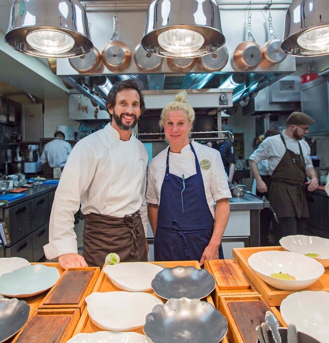 José Avillez e Ana Roš no restaurante Belcanto, onde realizaram um jantar especial a quatro mãos, no dia 11 de Abril