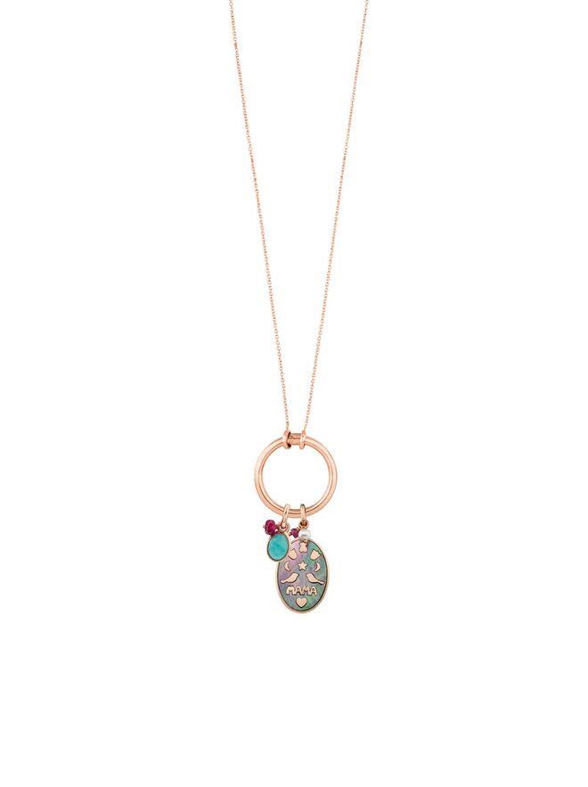 Colar em prata vermeil rosé com pingente Mama Power em prata esterlina vermeil rosé e pingente Tiny amazonite, €99 + €115 + €25, Tous