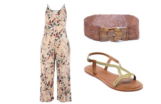 Macacão Crepe Flores, €34,99, Sandália Baixa Dourada, €29,99, Cinto Faixa Missangas, €16,99, Natura. Na compra de três artigos, o de menor valor é oferta da loja