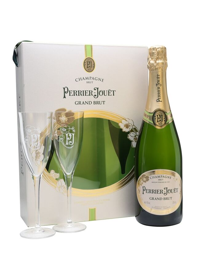 Coffret com duas flutes e uma garrafa de champanhe Grand Brut, €46,90, Perrier-Jouët