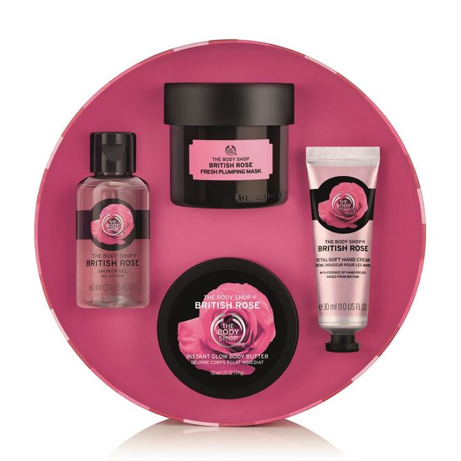 British Rose Head-To-Toe Collection Coffret, compost por Creme Para Mãos (30 ml), Body Butter (50 ml), Gel De Duche (60 ml) e Máscara Facial Expert (75 ml), €30, The Body Shop