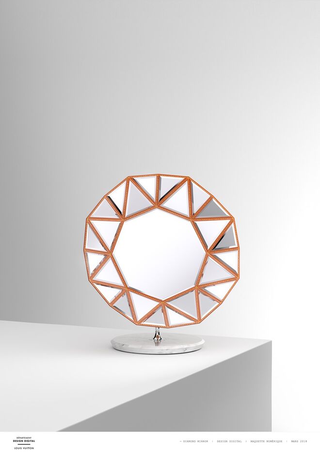 “Diamond Mirror”, por Marcel Wanders | O pesado suporte de latão sustenta um espelho em forma de octógono geométrico, cuja estrutura é revestida com a pele Nomade da Louis Vuitton.