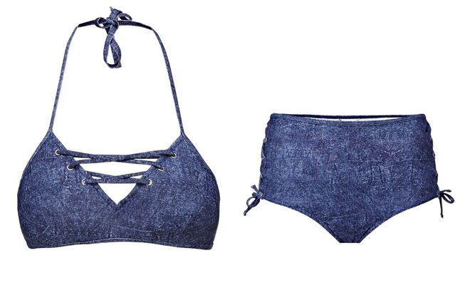 Biquíni em poliamida, top, €49, e cuecas, €45, Guess Beachwear