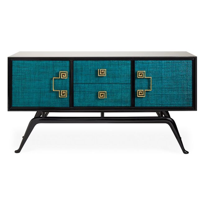 Consola Siam Credenza em mogno, ráfia, laca e latão, €3.375, Jonathan Adler 