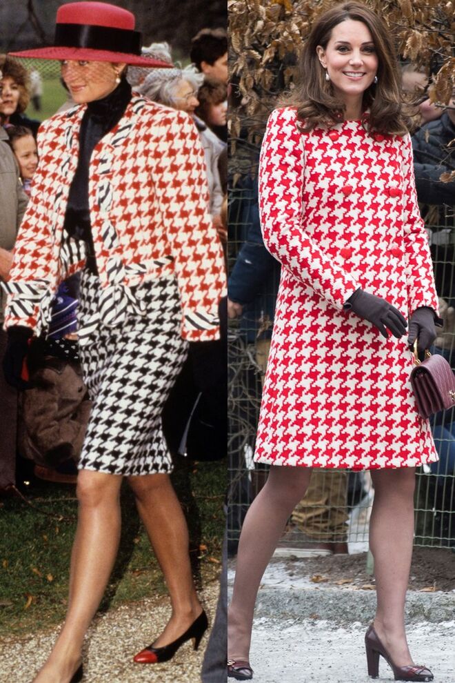 Diana com um fato da Moschino, durante a visita real ao Canadá, em 1991; Kate com um casaco Catherine Walker, durante a visita real à Suécia, em janeiro de 2018. 
