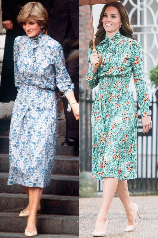 Diana no ensaio para o seu casamento, em julho de 1981; Kate no Jardim Sunken, no Palácio de Kensington, em agosto de 2017
