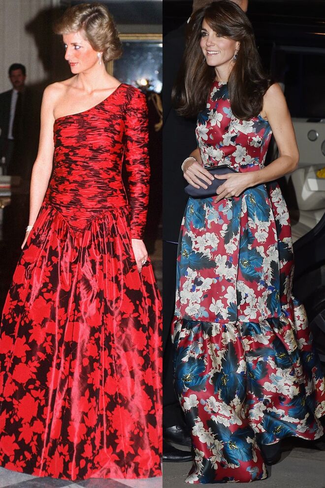 Diana, com um vestido Catherine Walker, num jantar em Paris, em novembro de 1988; Kate, com um vestido Erdem, na 100 Women In Hedge Funds Gala, no Museu Victoria e Albert, em outubro de 2015
