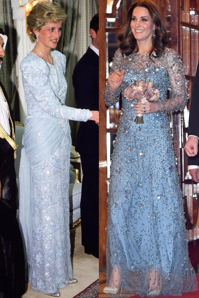 Diana, no Qatar, em novembro de 1986, com um vestido Catherine Walker; Kate, com um vestido Jenny Packham, no Teatro Palladium, em Londres, em novembro de 2017
