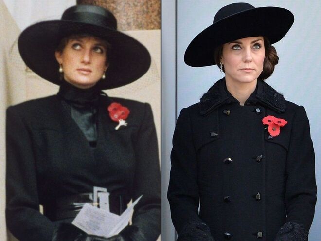 Diana no Remembrance Sunday Service, em 1991, e Kate, no mesmo evento, em 2016