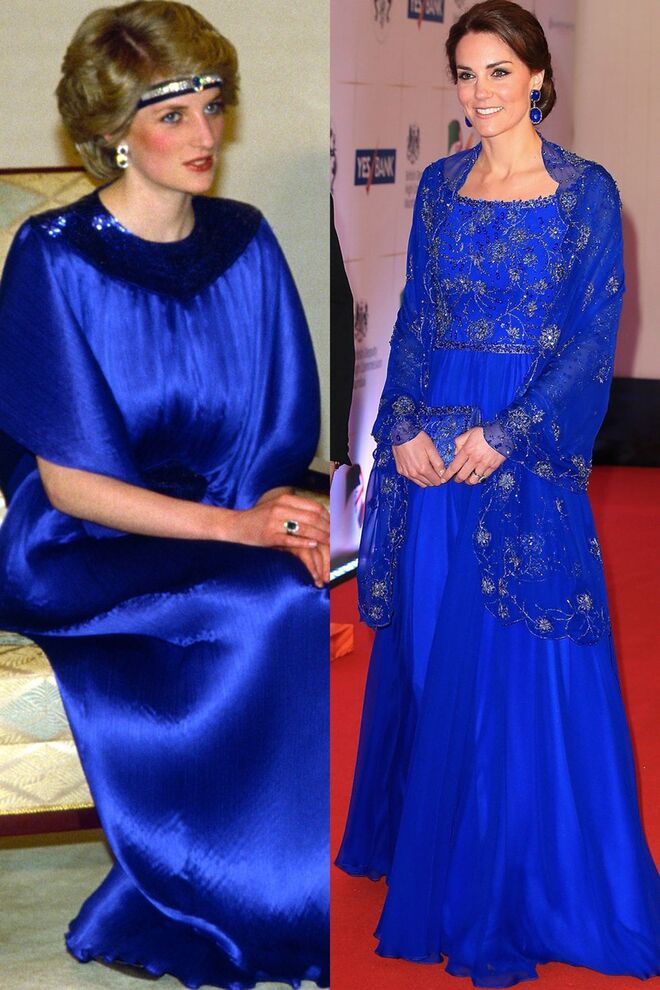 Diana, com um vestido Yuki, para um jantar no Japão, em maio de 1986; Kate, com um vestido Jenny Packham, na gala Bollywood, em Mumbai, na Índia, em abril de 2016
