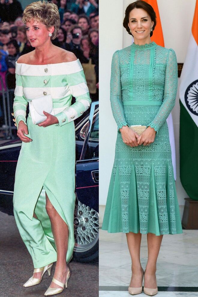 Diana na estreia de um filme, em abril de 1993, em Londres; Kate, com um vestido Temperley London, durante o encontro com o Primeiro Ministro da Índia, em Nova Deli, em abril de 2016
