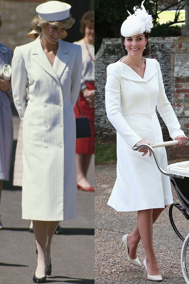 Vestida por Catherine Walker, Diana visita a Ilha de Wight, em maio de 1985; Kate, no batizado da Princesa Charlotte, em julho de 2015, vestida por Alexander McQueen
