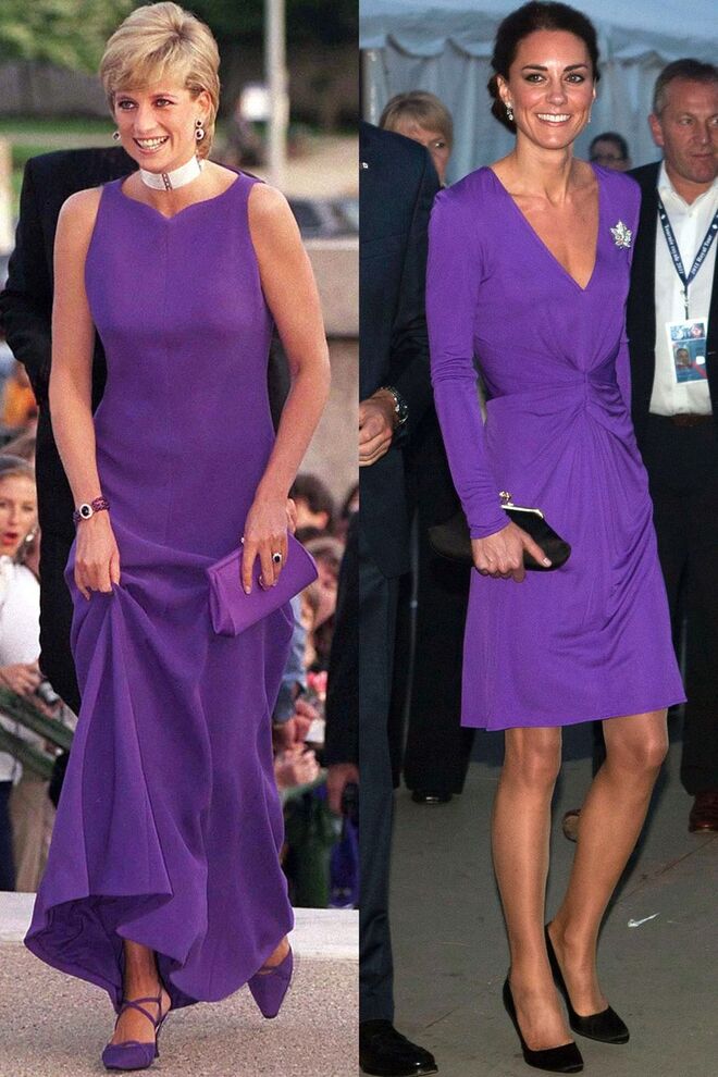 Diana, com um vestido Versace, num jantar no Field Museum Of Natural History, em Chicago, em junho de 1996; Kate, com um vestido Issa, nas celebrações de Dia Nacional do Canadá, durante a viagem real à América do Norte, em julho de 2011
