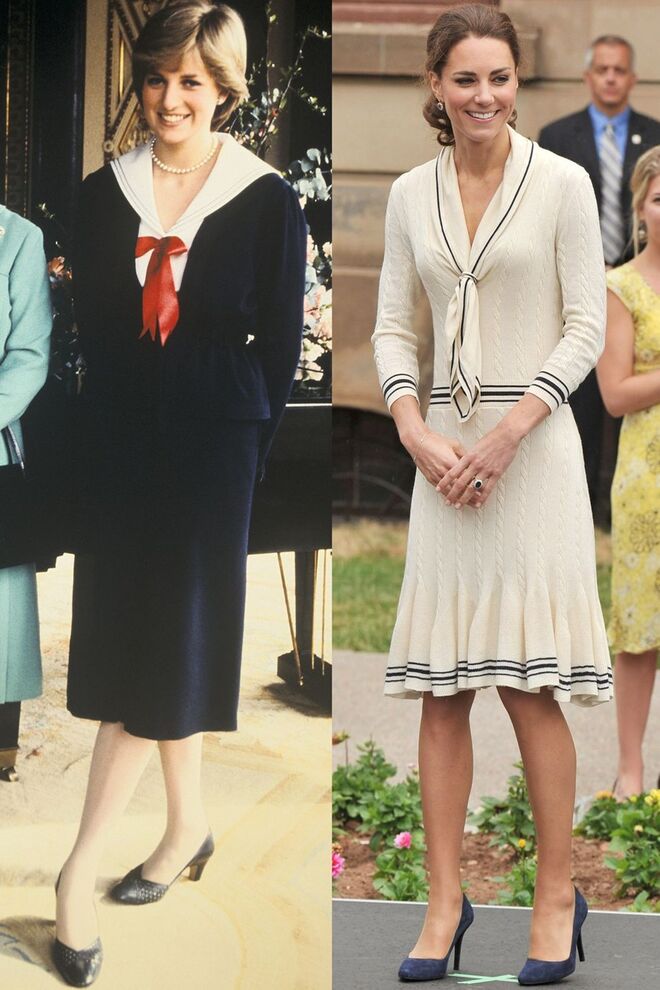 Diana, no Palácio de Buckingham, em 1980; Kate, com um vestido de Alexander McQueen, em Charlottetown, no Canadá, durante a viagem real à América do Norte, em julho de 2011
