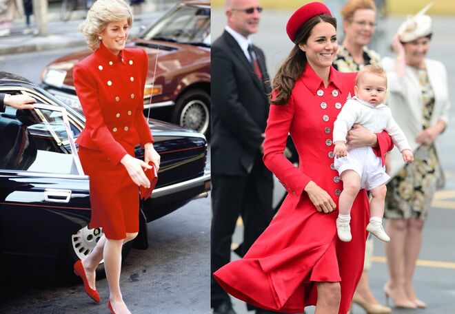 Diana, de visita ao St. Mary’s Hospital, em 1989; Kate, na visita oficial à Nova Zelândia, em 2014
