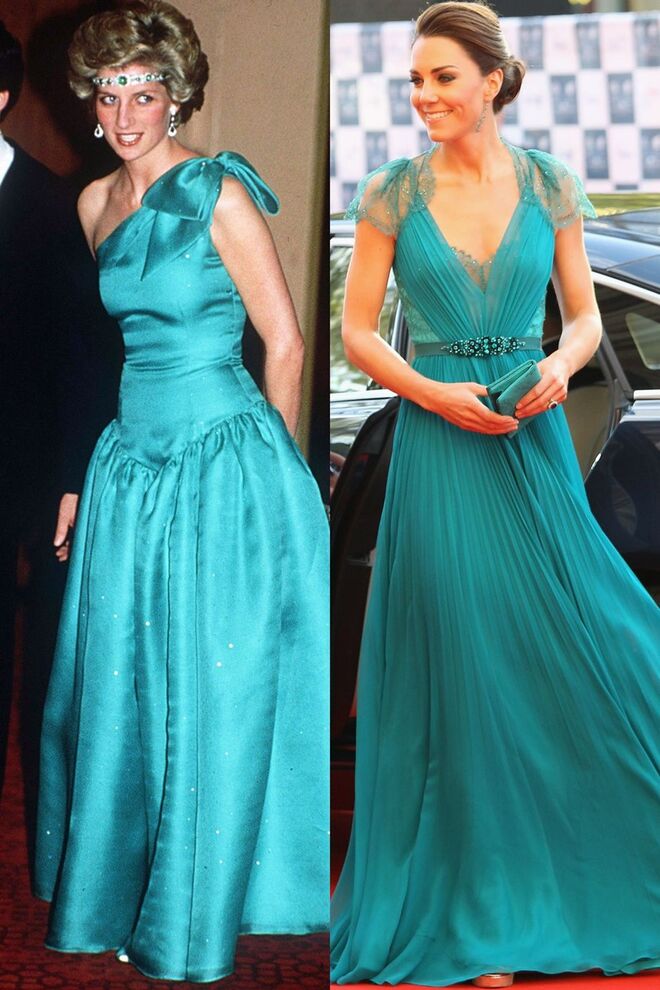 Diana, em Melbourne, em outubro de 1985; Kate, com um vestido de Jenny Packham, no Royal Abert Hall, em maio de 2012
