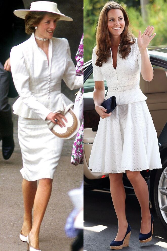 Diana, nas corridas da Royal Ascot, em junho de 1986; Kate durante a Diamond Jubilee Tour, em Singapura, em setembro de 2012
