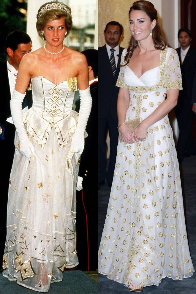 Vestida por Emanuels, Diana foi ao jantar na Embaixada Alemã, em Londres, em 1986; Kate num jantar oficial em Kuala Lumpur, durante a Diamond Jubilee Tour, em setembro de 2012
