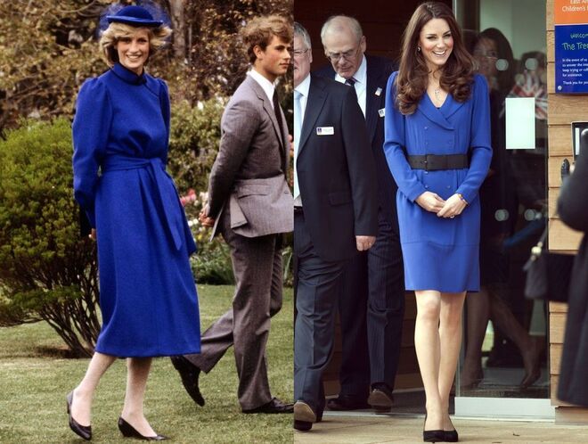 Diana na visita oficial à Nova Zelândia, em 1983; Kate no hospício para crianças, em East Anglia, em 2012 
