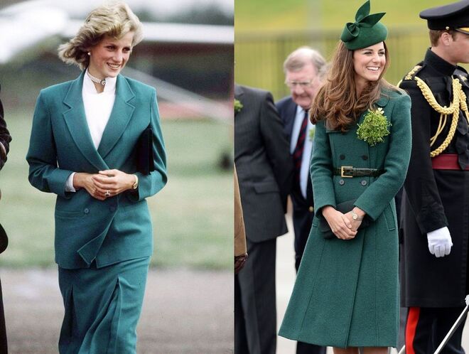 Diana em 1983, com um fato de Jasper Conran; Kate no desfile do Dia de St. Patrick, em 2014
