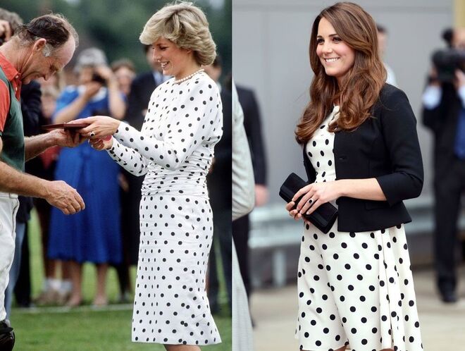 Diana, vestida por Victor Edelstein, entrega um prémio ao manager de polo do príncipe Charles, em 1987; Kate visita o estúdio da Warner Bros., em Londres, em 2013
