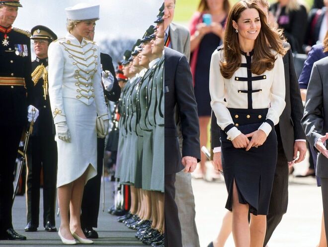 Diana vestida por Catherine Walker, durante um desfile em Surrey, em 1987; Kate visita o Parque Bletchley, vestida por Alexander McQueen, em 2014
