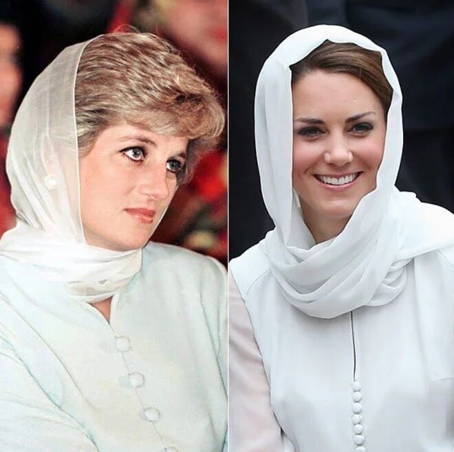 Diana visita o Shaukat Khanum Memorial Hospital, no Paquistão, em 1996; Kate visita o Assyakirin Mosque, na Malásia, em 2012

