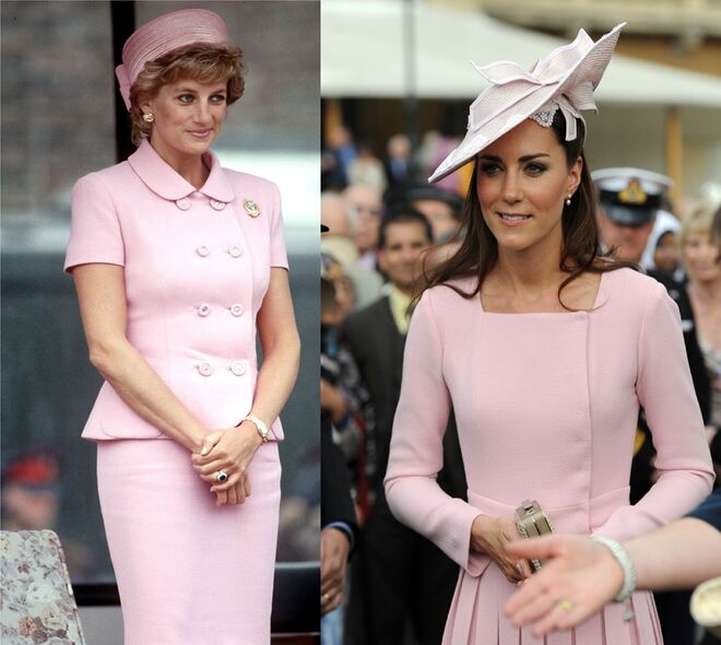 Diana, em 1995, com um conjunto assinado por Versace; Kate, durante uma festa de jardim no Palácio de Buckingham, em 2012
