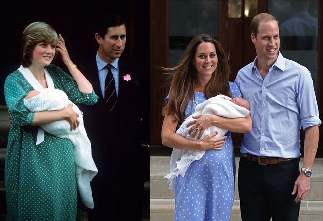 Diana e Charles, após o nascimento do Príncipe William, em 1981; Kate e William, após o nascimento do Príncipe George, em 2013
