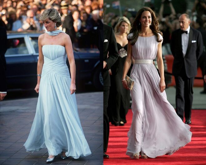 Diana, com vestido de Catherine Walker, no Festival de Cannes de 1987; Kate na cerimónia de entrega dos prémios BAFTA, em Los Angeles, em 2011
