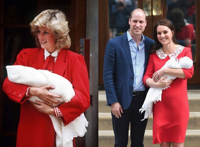 Diana, após o nascimento do Príncipe Harry, em 1984; Kate, ao lado de William, após o nascimento do Príncipe Louis, em abril de 2018
