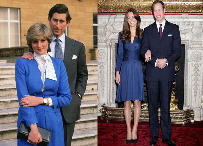Diana no anúncio do noivado com o Príncipe Charles, em fevereiro de 1981; Kate no anúncio do noivado com o Príncipe William, em novembro de 2010
