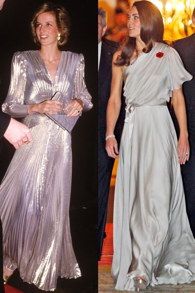Diana em Londres, em março de 1985; Kate, com um vestido Jenny Packham, em novembro de 2011 