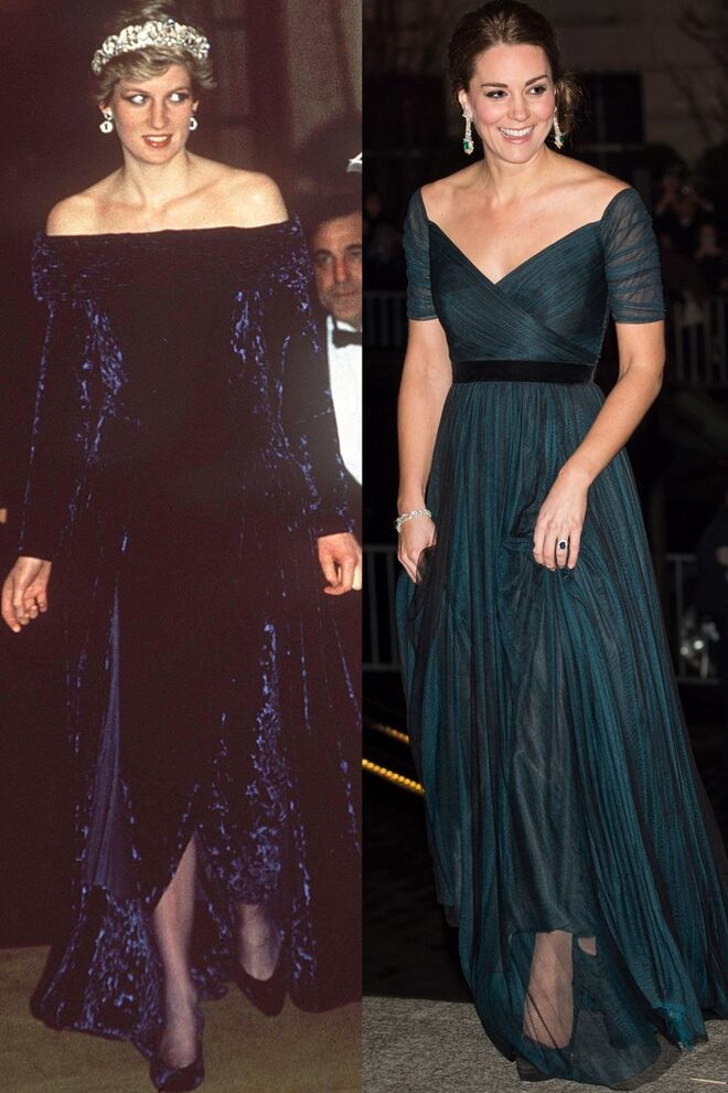 Diana, vestida por Bruce Oldfield, num jantar oficial, em Lisboa, em fevereiro de 1987; Kate, vestida por Jenny Packham, no jantar dos 600 anos da Universidade de St. Andrew, em dezembro de 2014