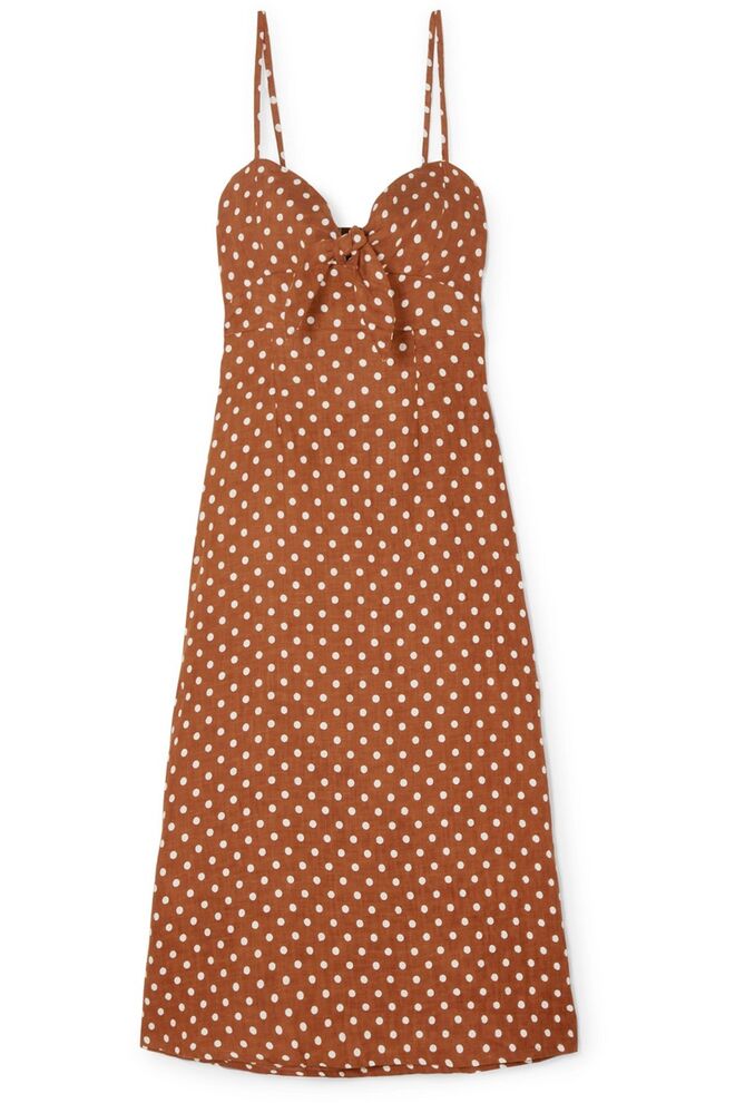 Fiscardo polka-dot linen midi dress, €168, Faithfull The Brand, em www.net-a-porter.com