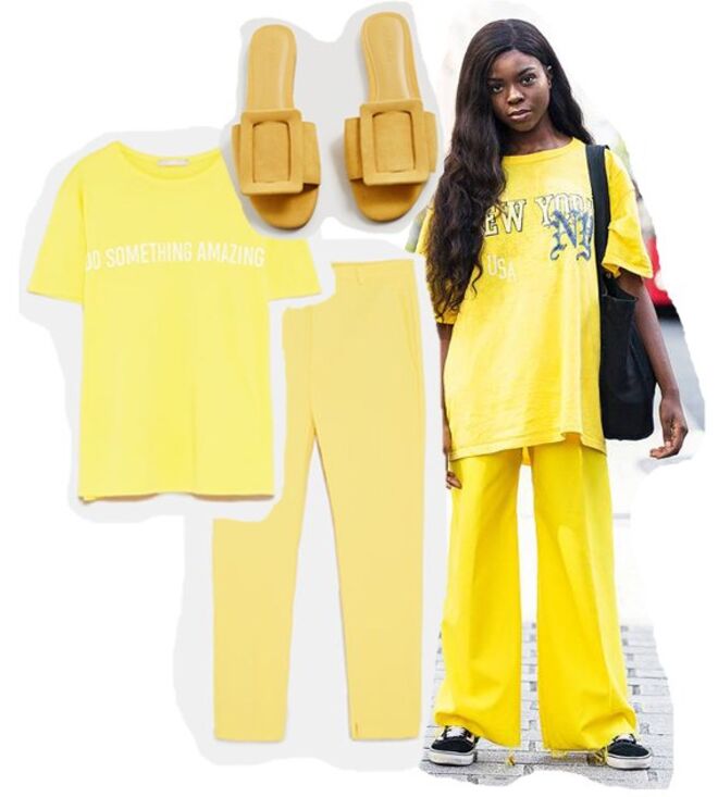 Calças amarelas, €29,95, Zara | T-shirt com texto, €7,95, Zara | Sandálias rasas com fivela, €19,99, Mango