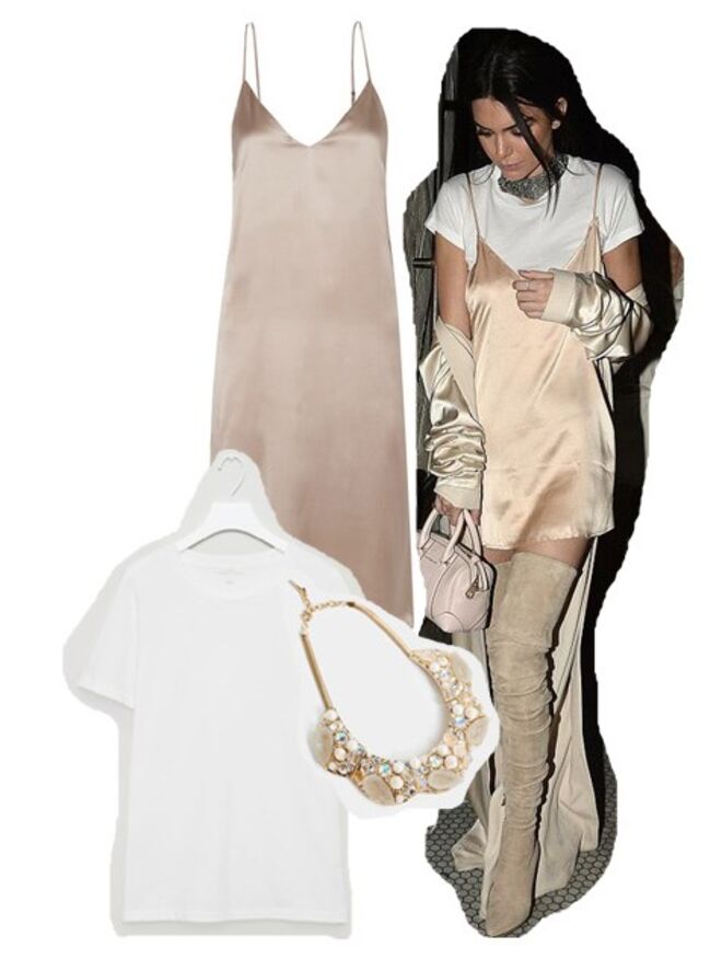 Vestido em seda, €225, Anine Bring, net-a-porter.com | Fio de conchas, €89, Uterqüe | T-shirt em algodão com decote redondo, €17, Cos 