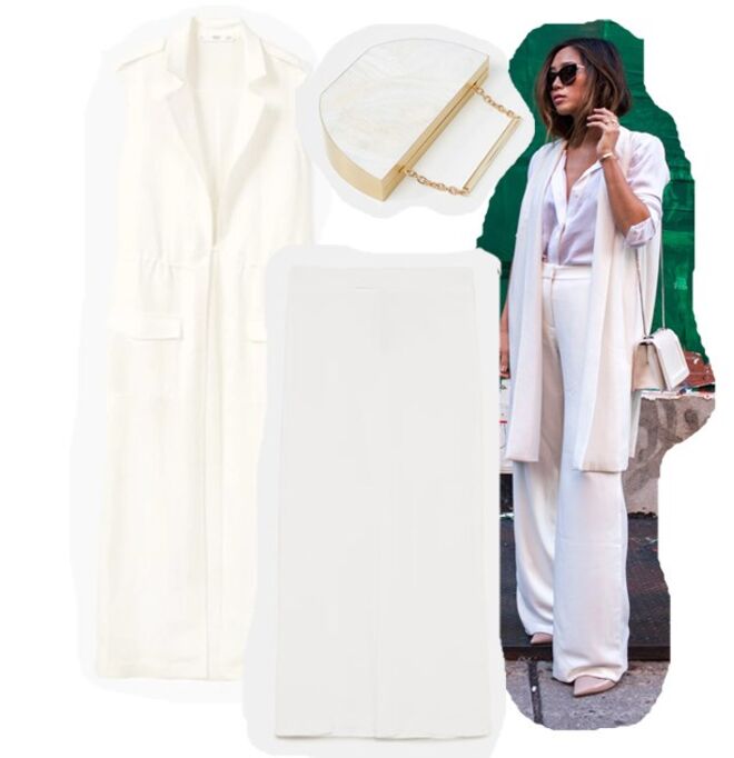 Colete comprido, €49,99, Mango | Caixa de nácar meia-lua, €250, Uterqüe | Calças largas com textura, €49,95, Zara 