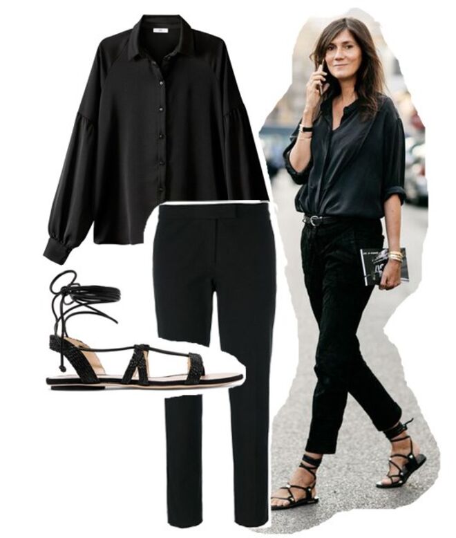 Camisa com mangas compridas, €29,99, La Redoute | Sandálias em ráfia e pele, €214, Cult Gaia, net-a-porter.com | Calças de perna direita, €234, Joseph, farfetch.com 