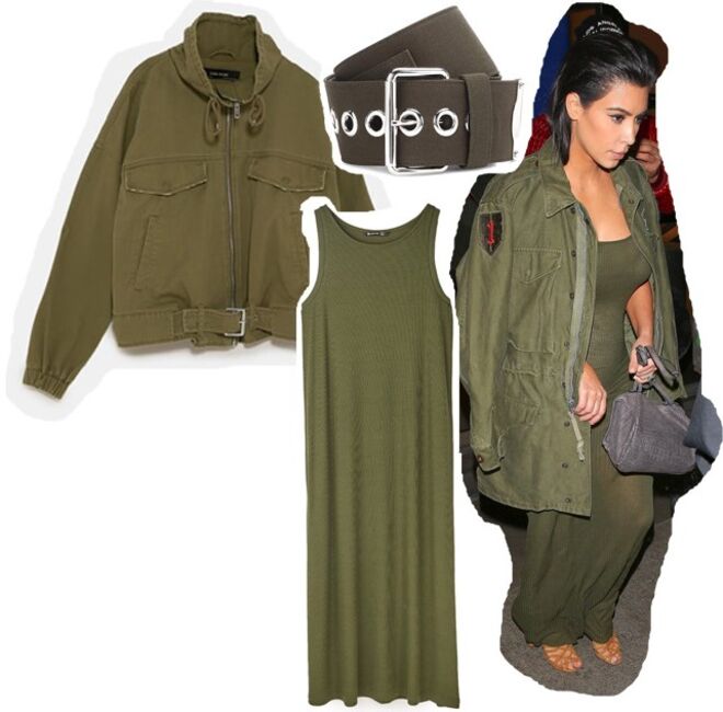 Blusão com gola franzida, €39,95, Zara | Vestido canelado, €17,99, Stradivarius | Cinto, €390, Miu Miu, mytheresa.com 