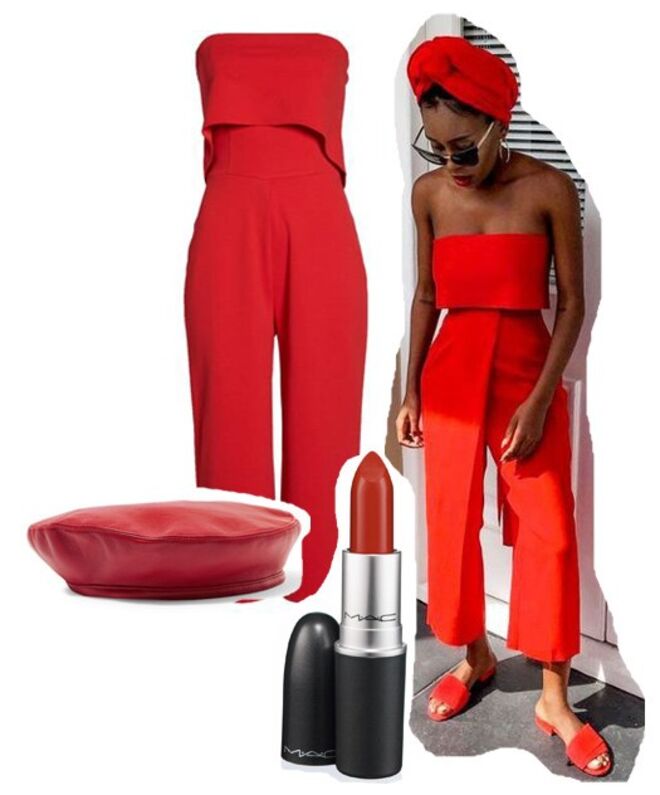 Macacão caicai, €69,66, Dorothy Perkins, Nordstrom | Batom Russian Red, M.A.C | Boina em pele, €260, Eugenia Kim, net-a-porter.com 