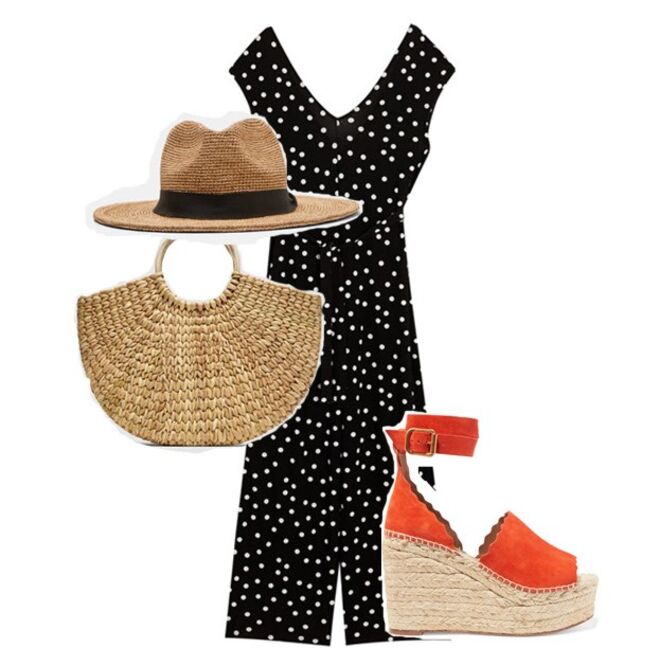 Macacão comprido em crepe, €19,99, Pull and Bear | Chapéu em ráfia, €25,95, Zara | Sandálias em cunha, € 485, Chloé | Cesta com asas redondas, €29,95, Zara 