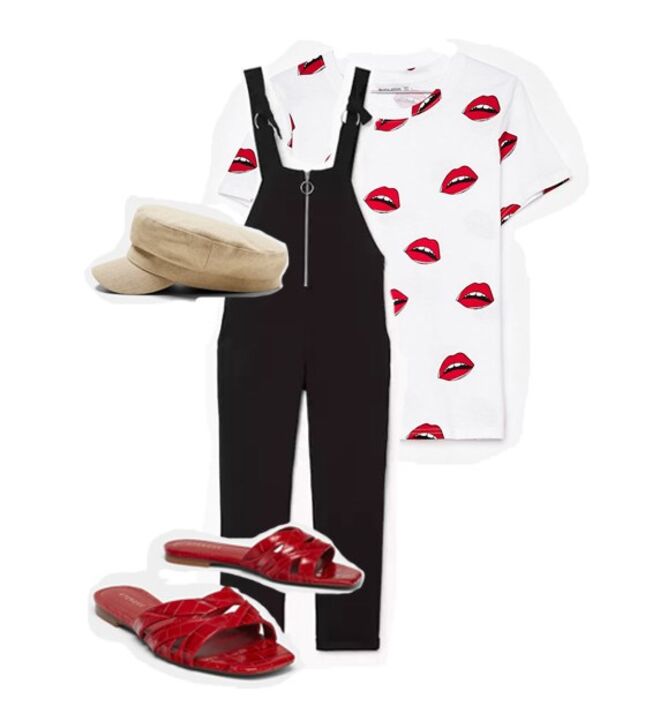 Jardineiras com fecho de correr, €39,99, Mango | T-shirt com algodão orgânico, €5,99, Bershka | Sandália de pele de crocodilo, €79, Uterqüe | Boné marinheiro, €15,95, Zara 