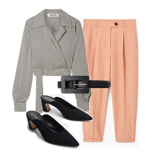 Blusa em seda, €320, Diane Von Furstenberg, Net-a-Porter.pt | Calças de fato, €29,99, Mango | Cinto em pele, €29,99, Massimo Dutti | Mules de camurça, €89, Uterqüe 