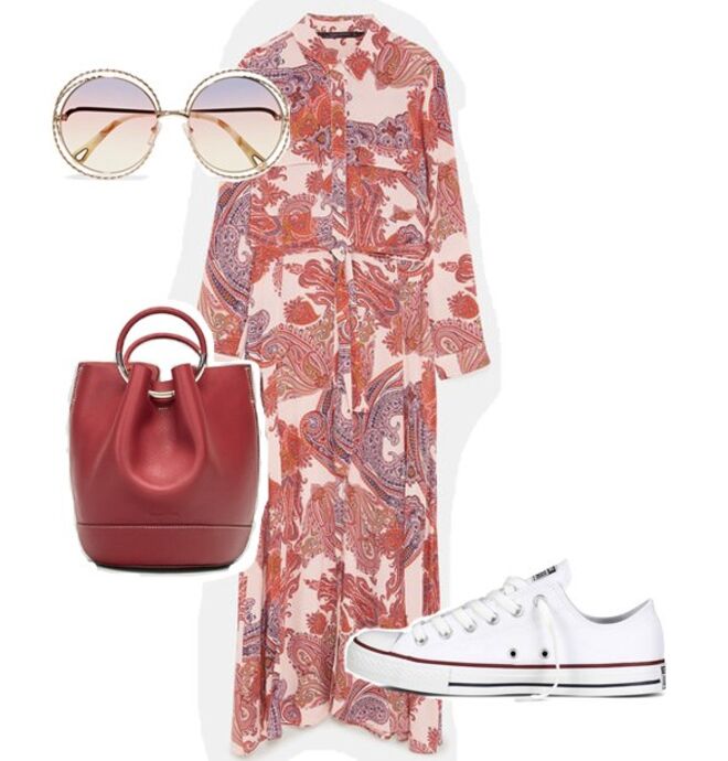 Vestido com estampado de paisley, €39,95, Zara | Sapatilhas Chuck Taylor All Star, €74,99, Converse, La Redoute.pt | Óculos de sol redondos, €330, Chloé, Net-a-porter.com | Mala bucket bag de pele com detalhes metálicos, €149, Massimo Dutti 