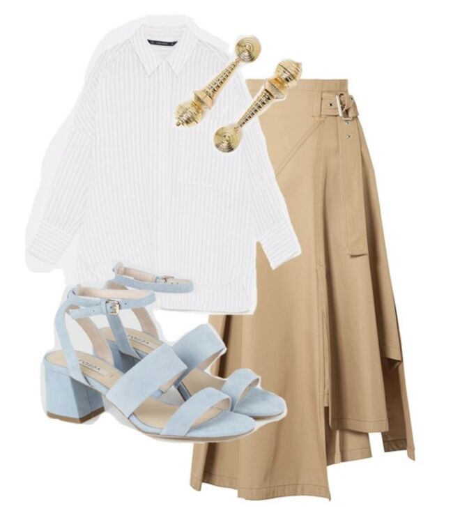Saia midi com cinto, €455, 3.1. Phillip Lim, Net-a-Porter.pt | Camisa transparência às riscas, €25,95, Zara | Sandálias em camurça azuis, €59,99, Zendra, El Corte Inglés | Brincos Kasbah, €39, Uterqüe 