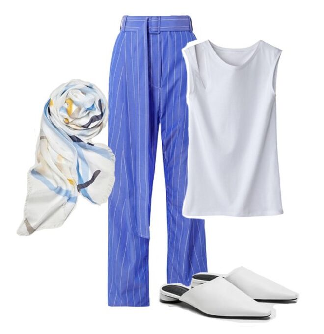 T shirt branca, € 14,99, La Redoute.pt  | Calças em algodão e popelina, €805, Ellery, Net-a-Porter.com  |  Écharpe riscas, €29,95, Massimo Dutti | Mules de pele detalhe, €35,95, Zara 
