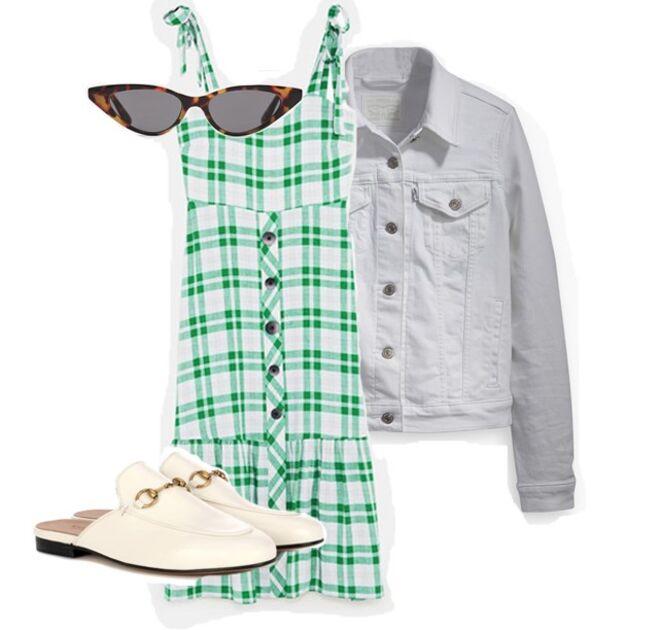 Vestido em xadrez, €39,95, Zara | Casaco branco de ganga, €99, Levi’s | Slippers brancos em pele, € , Gucci, Net-a-Porter.pt | Óculos estilo Cateye, €9,99, Bershka 